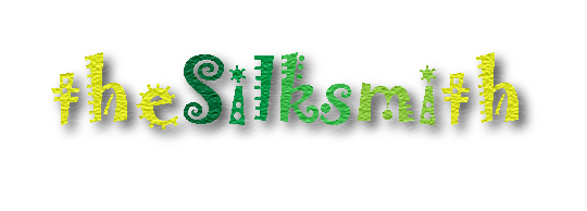 the Silksmith: in letters of green and gold silk effect.
